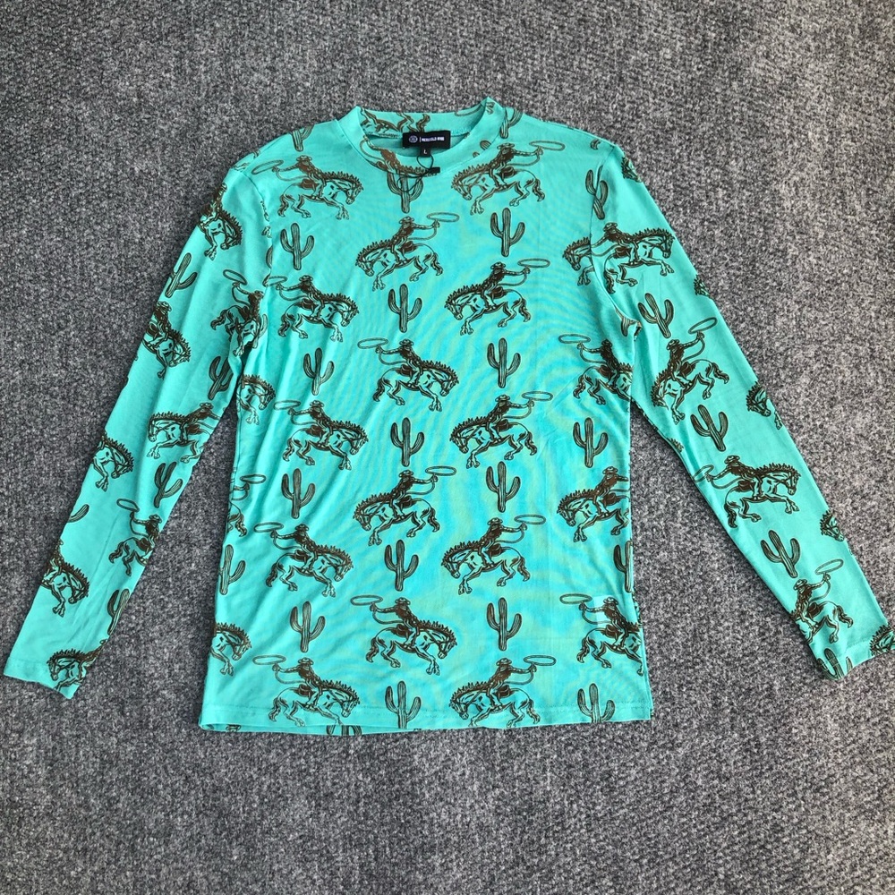 Merigold Kiss mesh long sleeve mock neck top size large velvet cactus cowboy